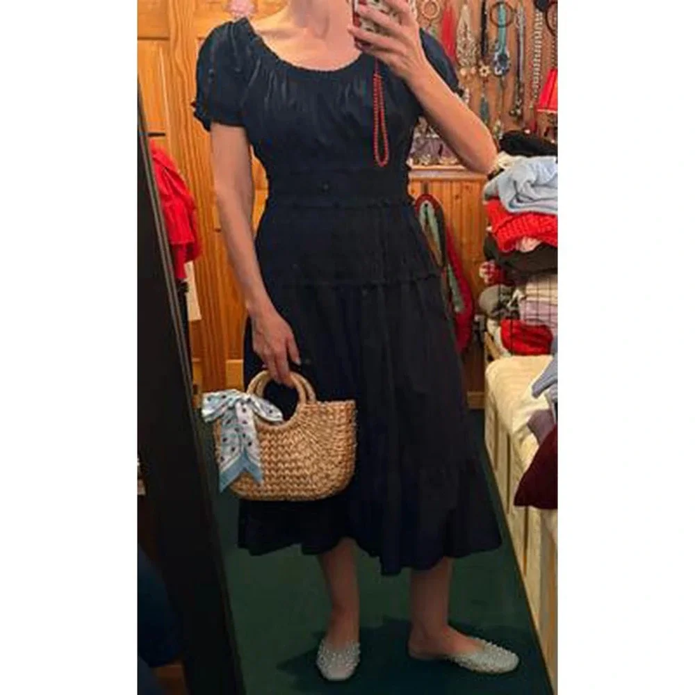 Time & Tru Women's Short Sleeve Peasant Cotton Panel Maxi Dress L Blue NWT - Picture 6 of 6
